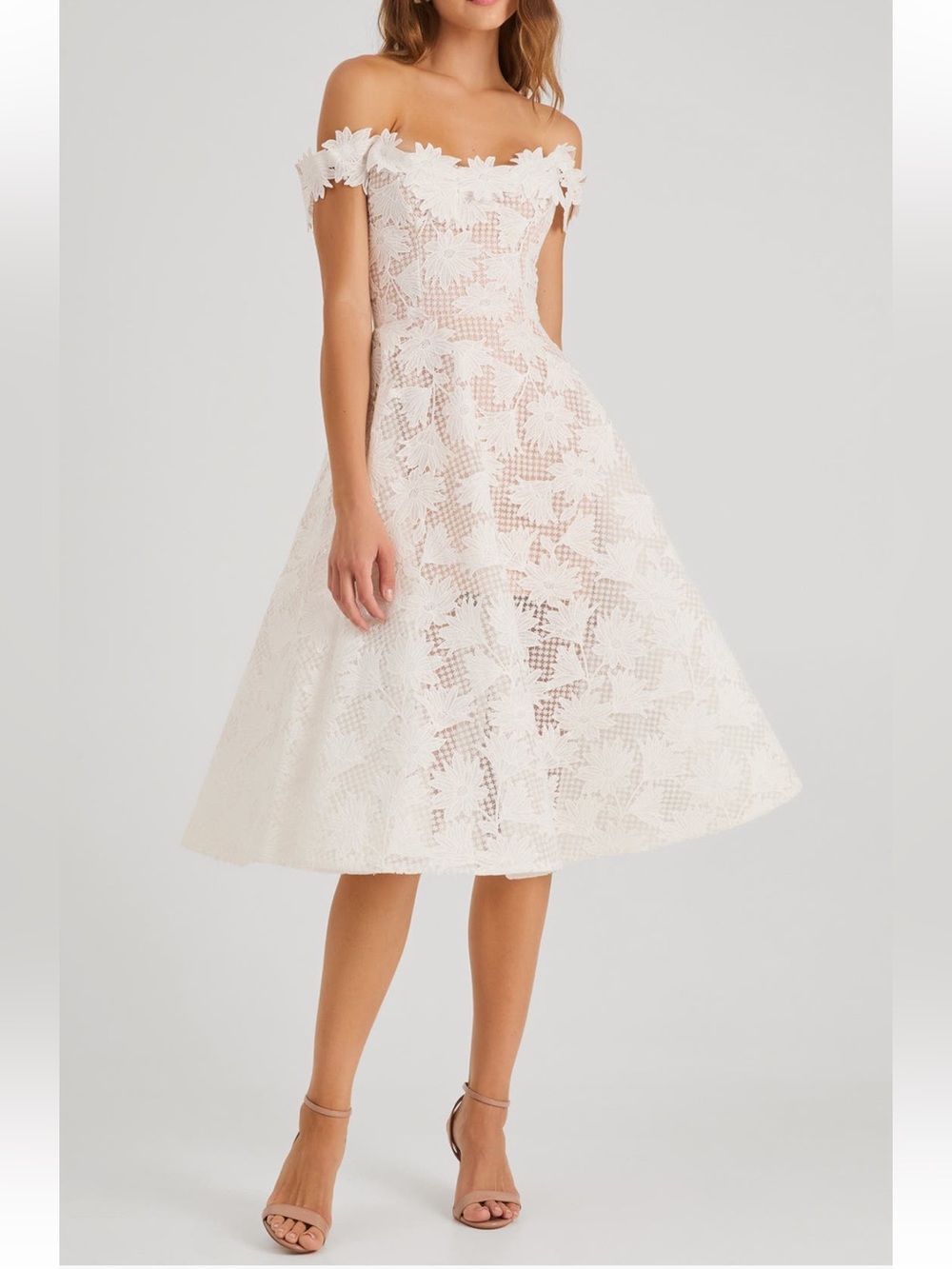 helsi valentina white & tan 3d floral applique lace midi bridal dress size XS
